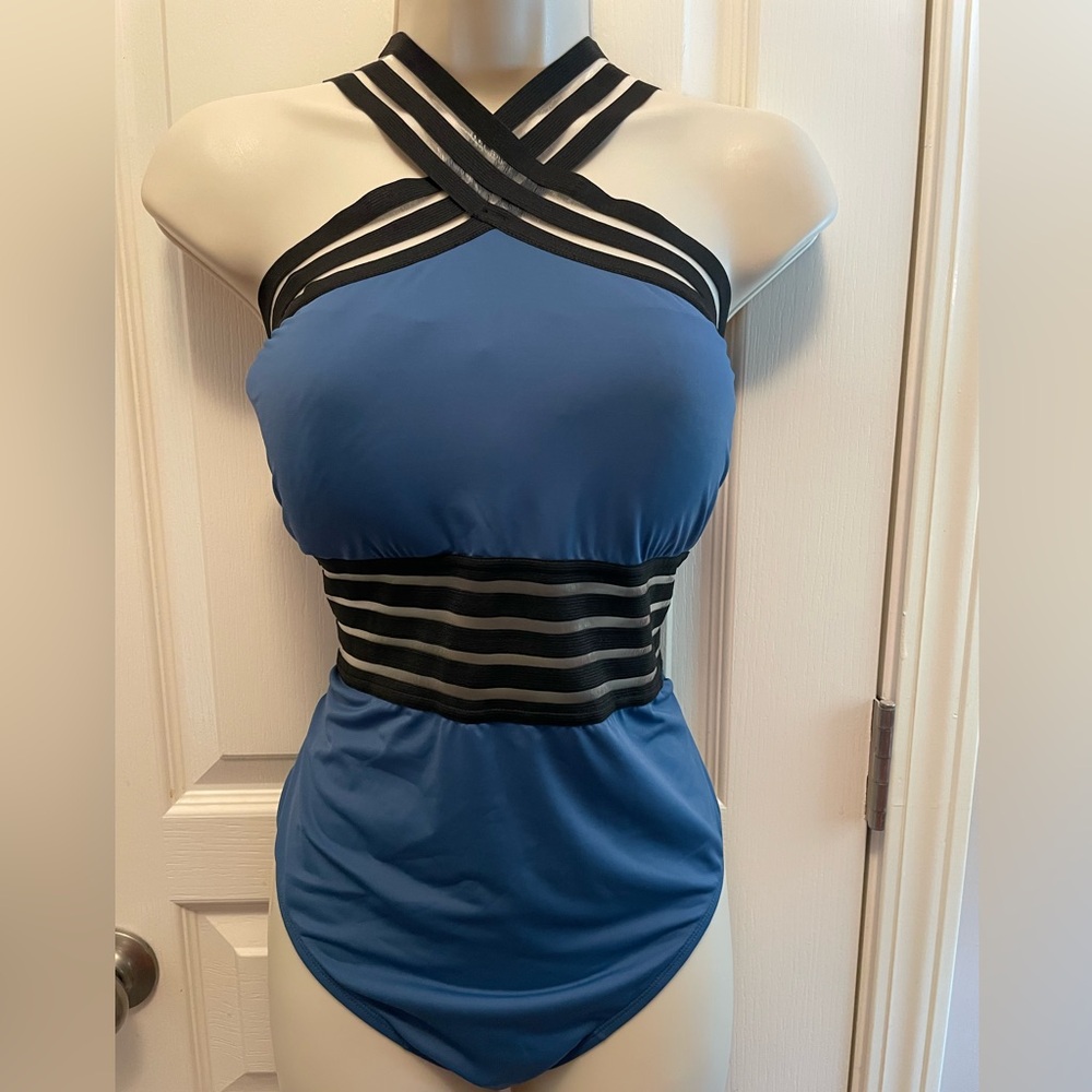 Blue Halter Swimsuit with Black Stripes